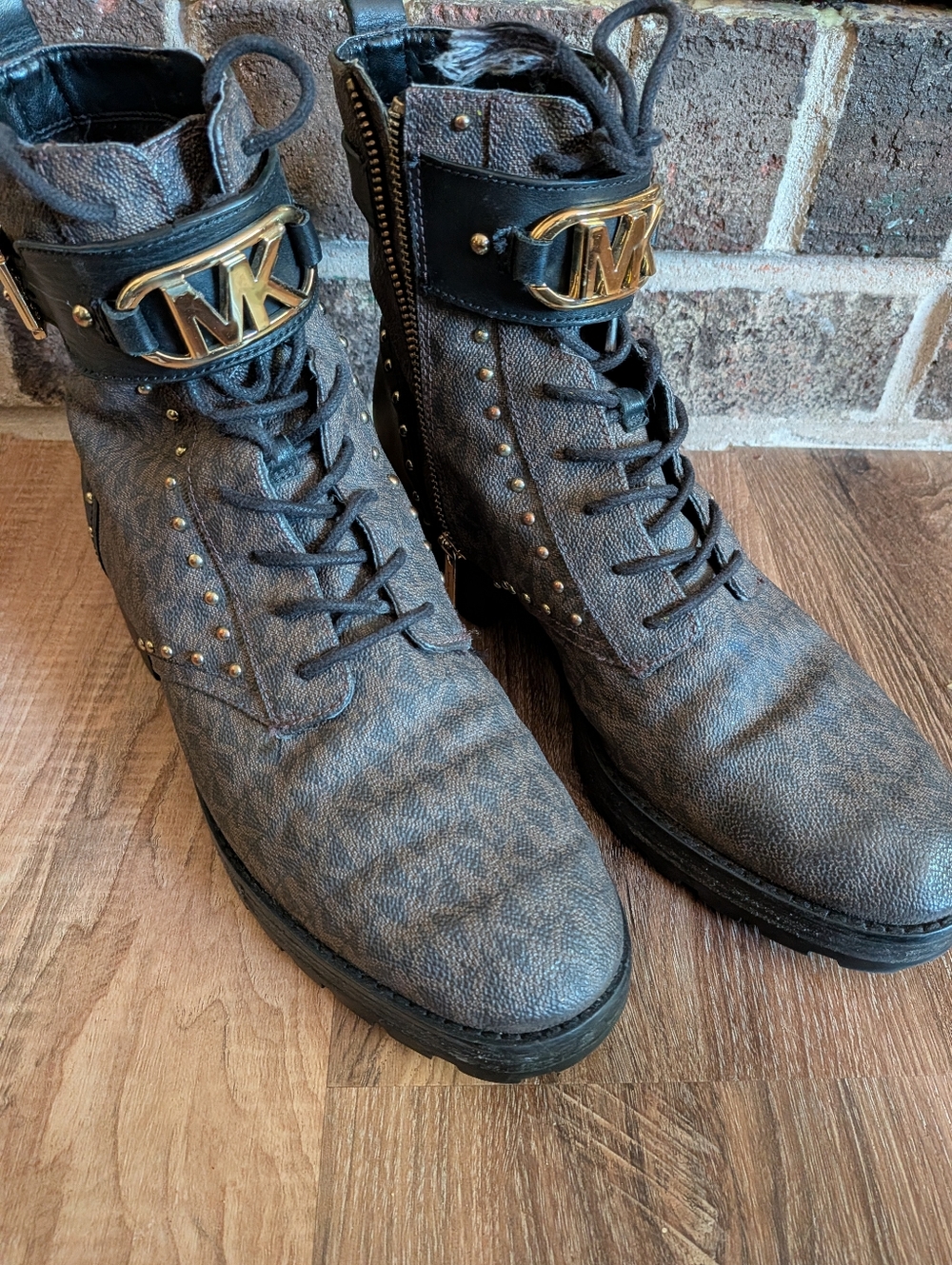 Michael Kors Monogram Leather Studded Combat Boots